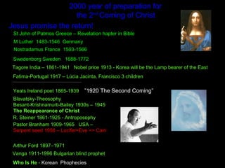 2000 year of preparation for
the 2nd
Coming of Christ
M Luther 1483-1546 Germany
R. Steiner 1861-1925 - Antroposophy
Nostradamus France 1503-1566
Swedenborg Sweden 1688-1772
Blavatsky-Theosophy
Besant-Krishnamurti-Bailey 1930s – 1945
The Reappearance of Christ
Tagore India – 1861-1941 Nobel price 1913 - Korea will be the Lamp bearer of the East
Yeats Ireland poet 1865-1939
St John of Patmos Greece – Revelation hapter in Bible
Fatima-Portugal 1917 – Lúcia Jacinta, Francisco 3 children
Arthur Ford 1897–1971
Vanga 1911-1996 Bulgarian blind prophet
Pastor Branham 1909-1965 USA –
Serpent seed 1958 – Lucifer+Eve => Cain
Jesus promise the return!
Who Is He - Korean Phophecies
”1920 The Second Coming”
 