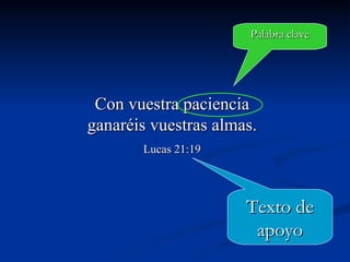 Con vuestra paciencia ganaréis vuestras almas. Lucas 21:19 Texto de apoyo Palabra clave 
