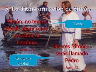 5. La Transformación de Simón Simón, no temas, desde ahora serás pescador de hombres Lucas 5:10 Tu eres Simón... serás llamado Pedro Juan 1:42 Contexto Global Texto 