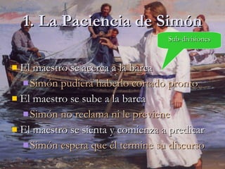 1. La Paciencia de Simón El maestro se acerca a la barca Simón pudiera haberlo cortado pronto El maestro se sube a la barca Simón no reclama ni le previene El maestro se sienta y comienza a predicar Simón espera que  é l termine su discurso Sub-divisiones 