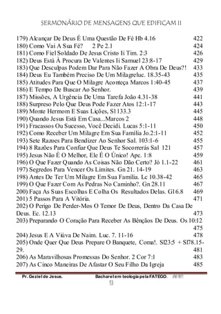 SERMONÁRIO DE MENSAGENS QUE EDIFICAM II
Pr. Geziel de Jesus. Bacharel em teologia pela FATEGO. ANO 2012
13
179) Alcançar De Deus É Uma Questão De Fé Hb 4.16 422
180) Como Vai A Sua Fé? 2 Pe 2.1 424
181) Como Fiel Soldado De Jesus Cristo Ii Tim. 2:3 426
182) Deus Está À Procura De Valentes Ii Samuel 23:8-17 429
183) Que Desculpas Podem Dar Para Não Fazer A Obra De Deus?! 433
184) Deus Eu Também Preciso De Um Milagreluc. 18.35-43 435
185) Atitudes Para Que O Milagre Aconteça Marcos 1:40-45 437
186) E Tempo De Buscar Ao Senhor. 439
187) Missões, A Urgência De Uma Tarefa João 4.31-38 441
188) Surpreso Pelo Que Deus Pode Fazer Atos 12:1-17 443
189) Monte Hermom E Suas Lições, Sl 133.3 445
190) Quando Jesus Está Em Casa...Marcos 2 448
191) Fracassos Ou Sucesso, Você Decidi. Lucas 5:1-11 450
192) Como Receber Um Milagre Em Sua Família Jo.2:1-11 452
193) Sete Razoes Para Bendizer Ao Senhor Sal. 103:1-6 455
194) 8 Razões Para Confiar Que Deus Te Socorrerás Sal 121 457
195) Jesus Não É O Melhor, Ele É O Único! Apc. 1:8 459
196) O Que Fazer Quando As Coisas Não Dão Certo? Jó 1.1-22 461
197) Segredos Para Vencer Os Limites. Gn 21. 14-19 463
198) Antes De Ter Um Milagre Em Sua Familia. Lc 10.38-42 465
199) O Que Fazer Com As Pedras No Caminho?. Gn 28.11 467
200) Faça As Suas Escolhas E Colha Os Resultados Delas. Gl 6.8 469
201) 5 Passos Para A Vitória. 471
202) O Perigo De Perder-Mos O Temor De Deus, Dentro Da Casa De
Deus. Ec. 12.13 473
203) Preparando O Coração Para Receber As Bênçãos De Deus. Os 10:12
475
204) Jesus E A Viúva De Naim. Luc. 7. 11-16 478
205) Onde Quer Que Deus Prepare O Banquete, Coma!. Sl23:5 + Sl78.15-
29. 481
206) As Maravilhosas Promessas Do Senhor. 2 Cor 7:1 483
207) As Cinco Maneiras De Afastar O Seu Filho Da Igreja 485
 