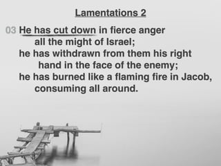 03 He has cut down in ﬁerce anger
all the might of Israel;
he has withdrawn from them his right
hand in the face of the enemy;
he has burned like a ﬂaming ﬁre in Jacob,
consuming all around.
Lamentations 2
 