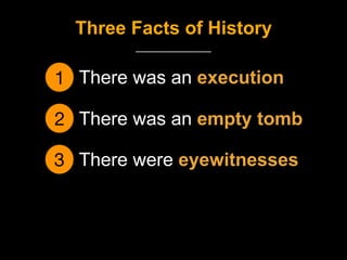 1 There was an execution
2
Three Facts of History
There was an empty tomb
3 There were eyewitnesses
 