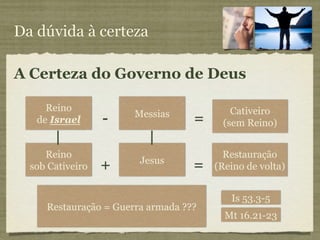 Da dúvida à certeza

A Certeza do Governo de Deus

     Reino                                Cativeiro
                       Messias
   de Israel      -                =    (sem Reino)
       |                  |
     Reino                               Restauração
                        Jesus
  sob Cativeiro   +                =   (Reino de volta)


                                          Is 53.3-5
     Restauração = Guerra armada ???
                                         Mt 16.21-23
 