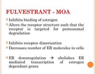 FULVESTRANT - MOA
 Inhibits binding of estrogen
 Alters the receptor structure such that the
receptor is targeted for proteosomal
degradation
 Inhibits receptor dimerisation
 Decreases number of ER molecules in cells
 ER downregulation  abolishes ER
mediated transcription of estrogen
dependant genes
 