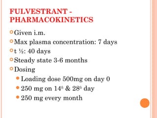 FULVESTRANT -
PHARMACOKINETICS
Given i.m.
Max plasma concentration: 7 days
t ½: 40 days
Steady state 3-6 months
Dosing
Loading dose 500mg on day 0
250 mg on 14th
& 28th
day
250 mg every month
 