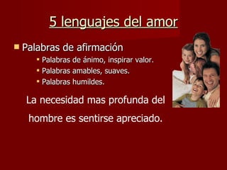 5 lenguajes del amor Palabras de afirmación Palabras de ánimo, inspirar valor. Palabras amables, suaves. Palabras humildes. La necesidad mas profunda del hombre es sentirse apreciado. 