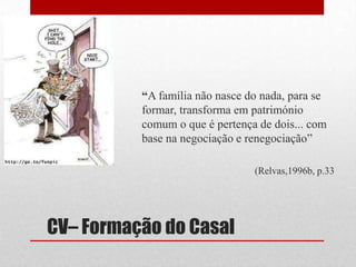 	“A família não nasce do nada, para se formar, transforma em património comum o que é pertença de dois... com base na negociação e renegociação” (Relvas,1996b, p.33CV– Formação do Casal