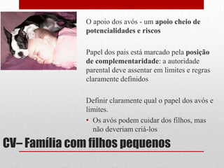 A conjugalidade não pode ser anulada, nem mesmo ocultada, pela parentalidade; tem que ser com ela articulada. Mas também sabemos que a parentalidade é, a todos os  títulos, um parceiro muito exigente.” Alarcão (2000, p.131) CV– Família com filhos pequenos