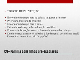 TAREFAS A SEREM CUMPRIDASManter uma satisfação mútua no papel de parceiros, parentes e comunidade.CV– Família com filhos pré-escolares
