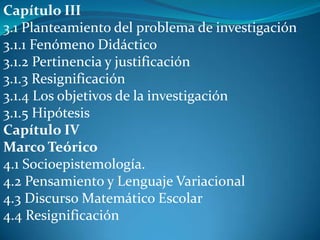Capítulo III
3.1 Planteamiento del problema de investigación
3.1.1 Fenómeno Didáctico
3.1.2 Pertinencia y justificación
3.1.3 Resignificación
3.1.4 Los objetivos de la investigación
3.1.5 Hipótesis
Capítulo IV
Marco Teórico
4.1 Socioepistemología.
4.2 Pensamiento y Lenguaje Variacional
4.3 Discurso Matemático Escolar
4.4 Resignificación
 