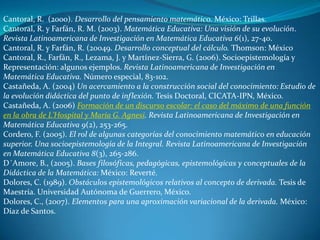 Cantoral, R. (2000). Desarrollo del pensamiento matemático. México: Trillas.
Cantoral, R. y Farfán, R. M. (2003). Matemática Educativa: Una visión de su evolución.
Revista Latinoamericana de Investigación en Matemática Educativa 6(1), 27-40.
Cantoral, R. y Farfán, R. (20049. Desarrollo conceptual del cálculo. Thomson: México
Cantoral, R., Farfán, R., Lezama, J. y Martínez-Sierra, G. (2006). Socioepistemología y
Representación: algunos ejemplos. Revista Latinoamericana de Investigación en
Matemática Educativa. Número especial, 83-102.
Castañeda, A. (2004) Un acercamiento a la construcción social del conocimiento: Estudio de
la evolución didáctica del punto de inflexión. Tesis Doctoral, CICATA-IPN, México.
Castañeda, A. (2006) Formación de un discurso escolar: el caso del máximo de una función
en la obra de L’Hospital y María G. Agnesi. Revista Latinoamericana de Investigación en
Matemática Educativa 9(2), 253-265.
Cordero, F. (2005). El rol de algunas categorías del conocimiento matemático en educación
superior. Una socioepistemología de la Integral. Revista Latinoamericana de Investigación
en Matemática Educativa 8(3), 265-286.
D´Amore, B., (2005). Bases filosóficas, pedagógicas, epistemológicas y conceptuales de la
Didáctica de la Matemática: México: Reverté.
Dolores, C. (1989). Obstáculos epistemológicos relativos al concepto de derivada. Tesis de
Maestría. Universidad Autónoma de Guerrero, México.
Dolores, C., (2007). Elementos para una aproximación variacional de la derivada. México:
Díaz de Santos.
 