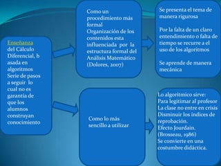 Como un                 Se presenta el tema de
                 procedimiento más       manera rigurosa
                 formal
                 Organización de los     Por la falta de un claro
                 contenidos esta         entendimiento o falta de
Enseñanza        influenciada por la     tiempo se recurre a el
del Cálculo      estructura formal del   uso de los algoritmos
Diferencial, b   Análisis Matemático
asada en         (Dolores, 2007)         Se aprende de manera
algoritmos                               mecánica
Serie de pasos
a seguir lo
cual no es
garantía de                              Lo algorítmico sirve:
que los                                  Para legitimar al profesor
alumnos                                  La clase no entre en crisis
construyan                               Disminuir los índices de
                 Como lo más             reprobación.
conocimiento
                 sencillo a utilizar     Efecto Jourdain.
                                         (Brosseau, 1986)
                                         Se convierte en una
                                         costumbre didáctica.
 