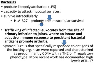 Bacterias
• produce lipopolysaccharide (LPS)
• capacity to attack mucosal surfaces,
• survive intracellularly
• HLA-B27 - prolongs the intracellular survival
• Trafficking of infected leukocytes from the site of
primary infection to joints, where an innate and
adaptive immune response to persistent bacterial
antigens promote arthritis.
Synovial T cells that specifically responded to antigens of
the inciting organism were reported and characterized
as predominantly CD4+ with a TH2 or T regulatory
phenotype. More recent work has documented high
levels of IL-17
 
