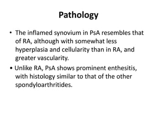 Pathology
• The inflamed synovium in PsA resembles that
of RA, although with somewhat less
hyperplasia and cellularity than in RA, and
greater vascularity.
• Unlike RA, PsA shows prominent enthesitis,
with histology similar to that of the other
spondyloarthritides.
 