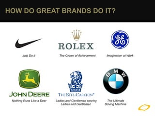HOW DO GREAT BRANDS DO IT?




        Just Do It            The Crown of Achievement      Imagination at Work




 Nothing Runs Like a Deer   Ladies and Gentlemen serving    The Ultimate
                               Ladies and Gentlemen        Driving Machine
 