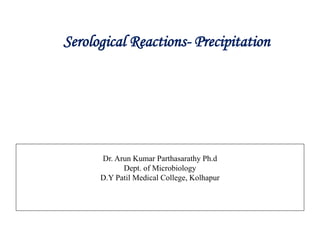 Serological Reactions- Precipitation
Dr. Arun Kumar Parthasarathy Ph.d
Dept. of Microbiology
D.Y Patil Medical College, Kolhapur
 