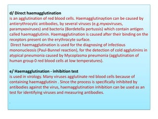 d/ Direct haemagglutination
is an agglutination of red blood cells. Haemagglutinaytion can be caused by
antierythrocytic antibodies, by several viruses (e.g.myxoviruses,
paramyxoviruses) and bacteria (Bordetella pertussis) which contain antigen
called haemagglutinin. Haemagglutination is caused after their binding on the
receptors present on the erythrocyte surface.
Direct haemagglutination is used for the diagnosing of infectious
mononucleosis (Paul-Bunnel reaction), for the detection of cold agglutinins in
atypical pneumonia caused by Mycoplasma pneumonia (agglutination of
human group 0 red blood cells at low temperatures).
e/ Haemagglutination - inhibition test
is used in virology. Many viruses agglutinate red blood cells because of
containing haemagglutinin . Since the process is specifically inhibited by
antibodies against the virus, haemagglutination inhibition can be used as an
test for identifying viruses and measuring antibodies.
.
 