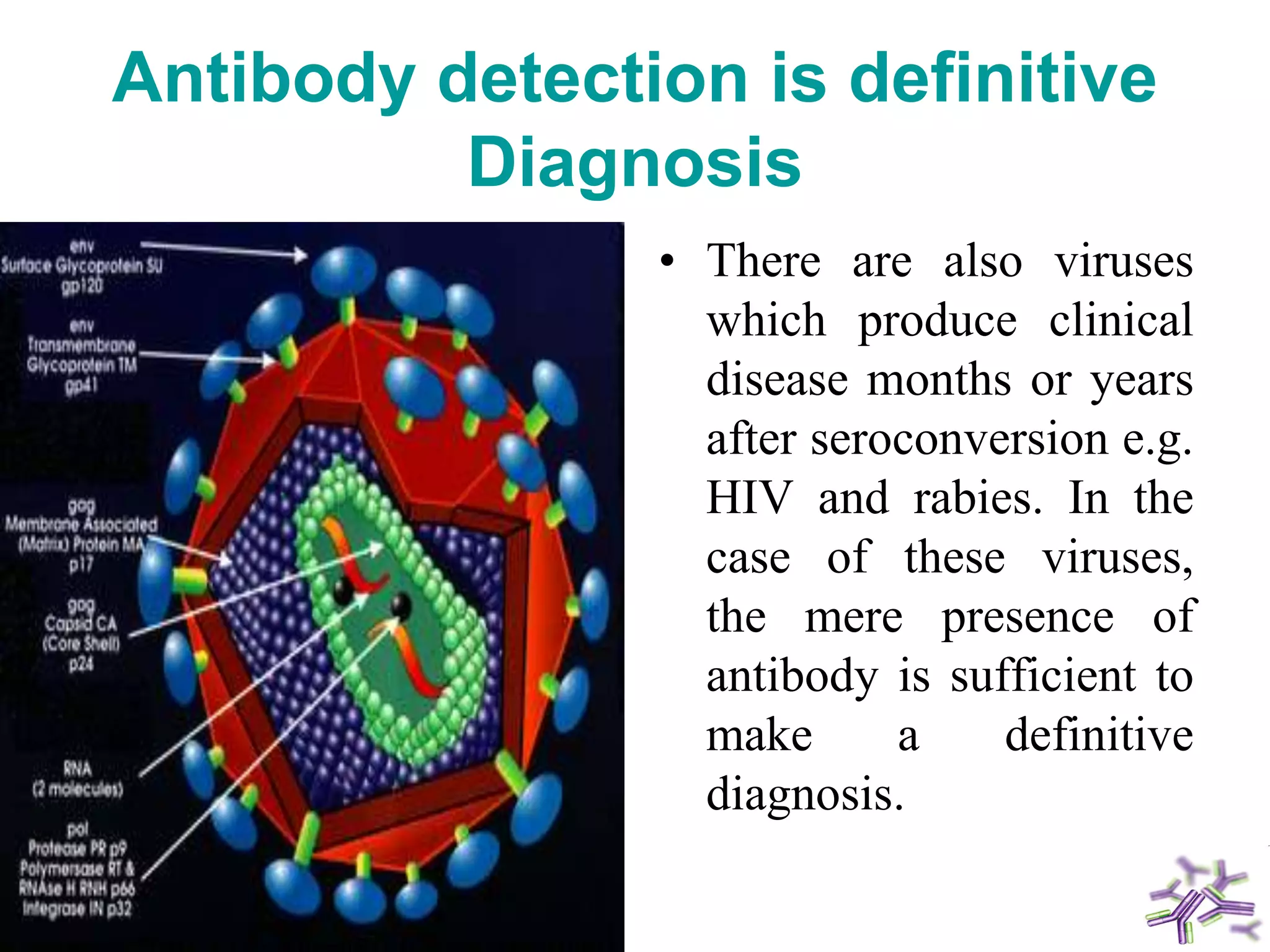 Antibody detection is definitive
Diagnosis
• There are also viruses
which produce clinical
disease months or years
after seroconversion e.g.
HIV and rabies. In the
case of these viruses,
the mere presence of
antibody is sufficient to
make a definitive
diagnosis.
 