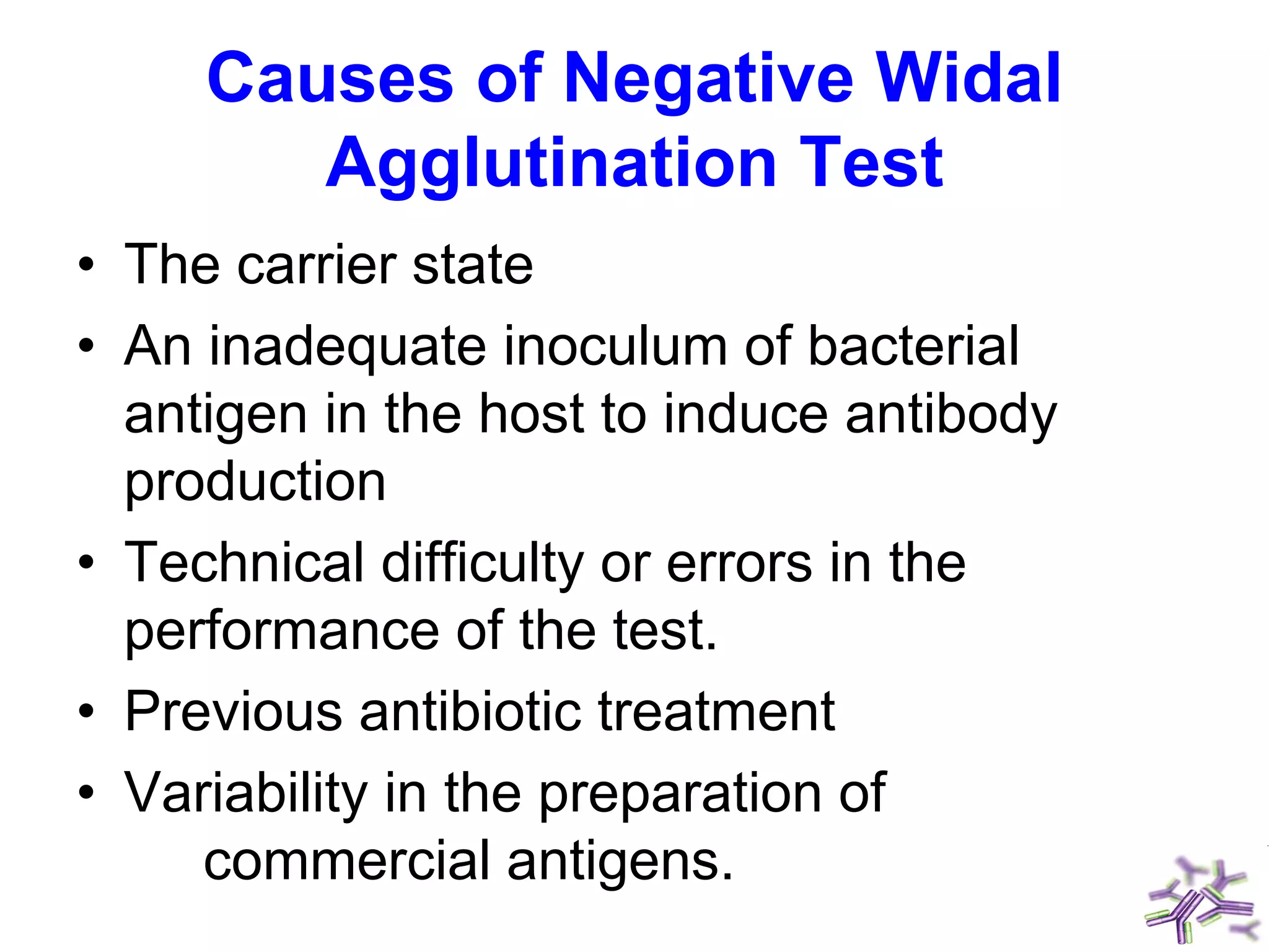 Causes of Negative Widal
Agglutination Test
• The carrier state
• An inadequate inoculum of bacterial
antigen in the host to induce antibody
production
• Technical difficulty or errors in the
performance of the test.
• Previous antibiotic treatment
• Variability in the preparation of
commercial antigens.
 
