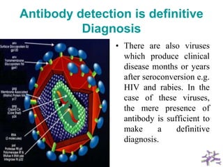 Antibody detection is definitive
Diagnosis
• There are also viruses
which produce clinical
disease months or years
after seroconversion e.g.
HIV and rabies. In the
case of these viruses,
the mere presence of
antibody is sufficient to
make a definitive
diagnosis.
 