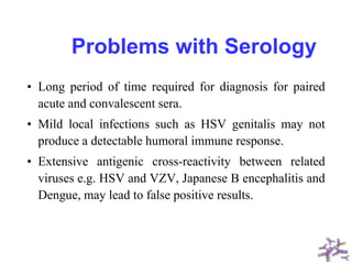 Problems with Serology
• Long period of time required for diagnosis for paired
acute and convalescent sera.
• Mild local infections such as HSV genitalis may not
produce a detectable humoral immune response.
• Extensive antigenic cross-reactivity between related
viruses e.g. HSV and VZV, Japanese B encephalitis and
Dengue, may lead to false positive results.
 