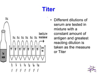 Titer
• Different dilutions of
serum are tested in
mixture with a
constant amount of
antigen and greatest
reacting dilution is
taken as the measure
or Titer
 