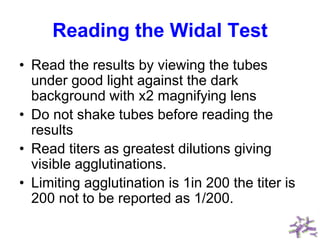 Reading the Widal Test
• Read the results by viewing the tubes
under good light against the dark
background with x2 magnifying lens
• Do not shake tubes before reading the
results
• Read titers as greatest dilutions giving
visible agglutinations.
• Limiting agglutination is 1in 200 the titer is
200 not to be reported as 1/200.
 
