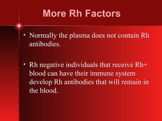 More Rh Factors Normally the plasma does not contain Rh antibodies. Rh negative individuals that receive Rh+ blood can have their immune system develop Rh antibodies that will remain in the blood. 