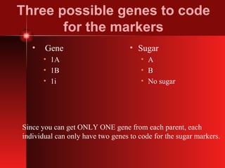 Three possible genes to code for the markers Gene 1A 1B 1i Sugar A B No sugar Since you can get ONLY ONE gene from each parent, each  individual can only have two genes to code for the sugar markers. 