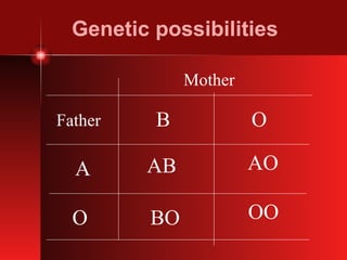 Genetic possibilities Mother Father A O B O AB AO BO OO 
