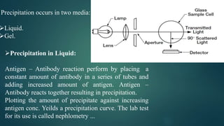 Precipitation occurs in two media:
Liquid.
Gel.
Precipitation in Liquid:
Antigen – Antibody reaction perform by placing a
constant amount of antibody in a series of tubes and
adding increased amount of antigen. Antigen –
Antibody reacts together resulting in precipitation.
Plotting the amount of precipitate against increasing
antigen conc. Yeilds a precipitation curve. The lab test
for its use is called nephlometry ...
 