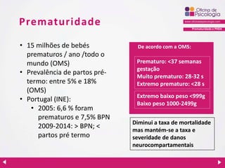 Prematuridade e PHDA
Prematuridade
• 15 milhões de bebés
prematuros / ano /todo o
mundo (OMS)
• Prevalência de partos pré-
termo: entre 5% e 18%
(OMS)
• Portugal (INE):
• 2005: 6,6 % foram
prematuros e 7,5% BPN
2009-2014: > BPN; <
partos pré termo
Prematuro: <37 semanas
gestação
Muito prematuro: 28-32 s
Extremo prematuro: <28 s
De acordo com a OMS:
Extremo baixo peso <999g
Baixo peso 1000-2499g
Diminui a taxa de mortalidade
mas mantém-se a taxa e
severidade de danos
neurocompartamentais
 