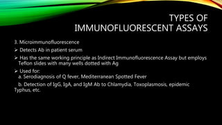 TYPES OF
IMMUNOFLUORESCENT ASSAYS
3. Microimmunofluorescence
 Detects Ab in patient serum
 Has the same working principle as Indirect Immunofluorescence Assay but employs
Teflon slides with many wells dotted with Ag
 Used for:
a. Serodiagnosis of Q fever, Mediterranean Spotted Fever
b. Detection of IgG, IgA, and IgM Ab to Chlamydia, Toxoplasmosis, epidemic
Typhus, etc.
 
