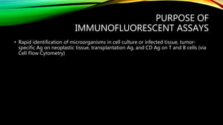 PURPOSE OF
IMMUNOFLUORESCENT ASSAYS
• Rapid identification of microorganisms in cell culture or infected tissue, tumor-
specific Ag on neoplastic tissue, transplantation Ag, and CD Ag on T and B cells (via
Cell Flow Cytometry)
 