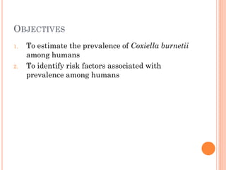 Seroprevalence and risk factors of Coxiella burnetii (Q fever) infection among humans in Bura irrigation scheme, Tana River County, Kenya