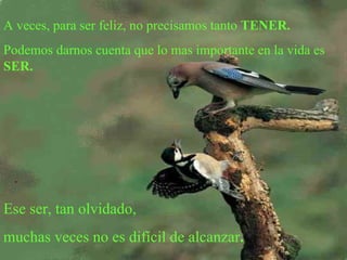 A veces, para ser feliz, no precisamos tanto  TENER. Podemos darnos cuenta que lo mas importante en la vida es  SER. Ese ser, tan olvidado,  muchas veces no es difícil de alcanzar . . 