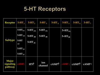 Receptor   5-HT 1    5-HT 2    5-HT 3    5-HT 4   5-HT 5   5-HT 6   5-HT 7

           5-HT1A    5-HT 2A   5-HT 3A            5–HT5A
           5-HT 1B   5-HT 2B   5-HT 3B            5–HT5B
Subtype    5-HT
                     5-HT 2C
           1D


           5-HT 1E

           5-HT 1F


  Major
                                 ion
signaling cAMP↓       IP3               cAMP    cAMP ↓ cAMP      cAMP 
                               channel
pathway
 