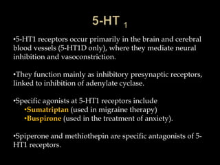 •5-HT1 receptors occur primarily in the brain and cerebral
blood vessels (5-HT1D only), where they mediate neural
inhibition and vasoconstriction.

•They function mainly as inhibitory presynaptic receptors,
linked to inhibition of adenylate cyclase.

•Specific agonists at 5-HT1 receptors include
   •Sumatriptan (used in migraine therapy)
   •Buspirone (used in the treatment of anxiety).

•Spiperone and methiothepin are specific antagonists of 5-
HT1 receptors.
 