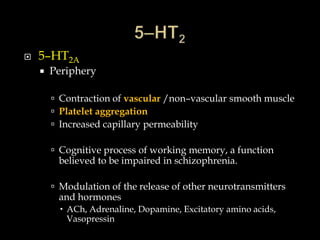    5–HT2A
       Periphery

         Contraction of vascular /non–vascular smooth muscle
         Platelet aggregation
         Increased capillary permeability

         Cognitive process of working memory, a function
         believed to be impaired in schizophrenia.

         Modulation of the release of other neurotransmitters
         and hormones
           ACh, Adrenaline, Dopamine, Excitatory amino acids,
            Vasopressin
 