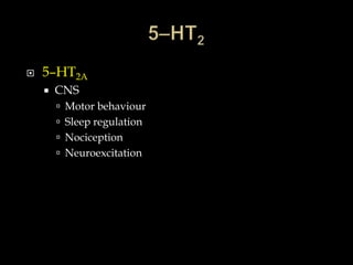    5–HT2A
       CNS
         Motor behaviour
         Sleep regulation
         Nociception
         Neuroexcitation
 