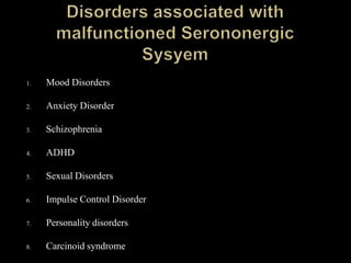 1.   Mood Disorders

2.   Anxiety Disorder

3.   Schizophrenia

4.   ADHD

5.   Sexual Disorders

6.   Impulse Control Disorder

7.   Personality disorders

8.   Carcinoid syndrome
 