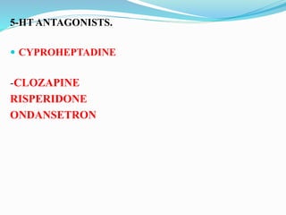5-HT ANTAGONISTS.
 CYPROHEPTADINE
-CLOZAPINE
RISPERIDONE
ONDANSETRON
 