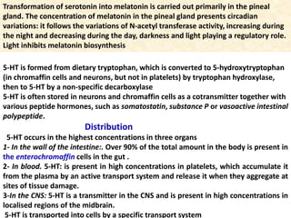 5-HT is formed from dietary tryptophan, which is converted to 5-hydroxytryptophan
(in chromaffin cells and neurons, but not in platelets) by tryptophan hydroxylase,
then to 5-HT by a non-specific decarboxylase
5-HT is often stored in neurons and chromaffin cells as a cotransmitter together with
various peptide hormones, such as somatostatin, substance P or vasoactive intestinal
polypeptide.
Distribution
5-HT occurs in the highest concentrations in three organs
1- In the wall of the intestine:. Over 90% of the total amount in the body is present in
the enterochromaffin cells in the gut .
2- In blood. 5-HT: is present in high concentrations in platelets, which accumulate it
from the plasma by an active transport system and release it when they aggregate at
sites of tissue damage.
3-In the CNS: 5-HT is a transmitter in the CNS and is present in high concentrations in
localised regions of the midbrain.
5-HT is transported into cells by a specific transport system
Transformation of serotonin into melatonin is carried out primarily in the pineal
gland. The concentration of melatonin in the pineal gland presents circadian
variations: it follows the variations of N-acetyl transferase activity, increasing during
the night and decreasing during the day, darkness and light playing a regulatory role.
Light inhibits melatonin biosynthesis
 