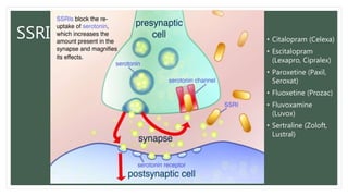 SSRI • Citalopram (Celexa)
• Escitalopram
(Lexapro, Cipralex)
• Paroxetine (Paxil,
Seroxat)
• Fluoxetine (Prozac)
• Fluvoxamine
(Luvox)
• Sertraline (Zoloft,
Lustral)