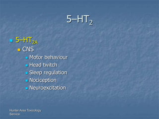 5–HT2

   5–HT2A
        CNS
            Motor behaviour
            Head twitch

            Sleep regulation

     ...