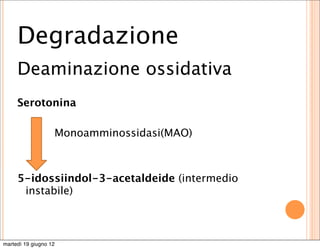 Degradazione
     Deaminazione ossidativa
     Serotonina

                   Monoamminossidasi(MAO)



     5-idossiindol-3-acetaldeide (intermedio
      instabile)



martedì 19 giugno 12
 