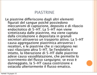 PIASTRINE
     Le piastrine differiscono dagli altri elementi
      ﬁgurati del sangue poiché possiedono
      meccanismi di captazione, deposito e di rilascio
      endocitotico di 5-HT. La 5-HT non viene
      sintetizzata dalle piastrine, ma viene captata
      dalla circolazione e depositata in granuli
      secretori attraverso un trasporto attivo. La 5-HT
      causa aggregazione piastrinica attraverso i
      recettori, e le piastrine che si raccolgono nei
      vasi rilasciano altra 5-HT. Se l'endotelio è
      intatto, la liberazione di 5-HT dalle piastrine
      adese causa vasodilatazione, che permette lo
      scorrimento del ﬂusso sanguigno; se esso è
      danneggiato, la 5-HT causa costrizione e
      ostacola ulteriormente il ﬂusso ematico.

martedì 19 giugno 12
 