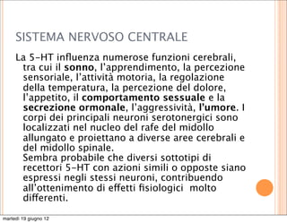 SISTEMA NERVOSO CENTRALE
     La 5-HT inﬂuenza numerose funzioni cerebrali,
      tra cui il sonno, l’apprendimento, la percezione
      sensoriale, l’attività motoria, la regolazione
      della temperatura, la percezione del dolore,
      l’appetito, il comportamento sessuale e la
      secrezione ormonale, l’aggressività, l’umore. I
      corpi dei principali neuroni serotonergici sono
      localizzati nel nucleo del rafe del midollo
      allungato e proiettano a diverse aree cerebrali e
      del midollo spinale.
      Sembra probabile che diversi sottotipi di
      recettori 5-HT con azioni simili o opposte siano
      espressi negli stessi neuroni, contribuendo
      all’ottenimento di effetti ﬁsiologici molto
      differenti.

martedì 19 giugno 12
 