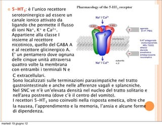   5-HT3: è l’unico recettore
        serotoninergico ad essere un
        canale ionico attivato da
        ligando che permette il ﬂusso
        di ioni Na+, K+ e Ca2+.
        Appartiene alla classe I
        insieme al recettore
        nicotinico, quello del GABA A
        e al recettore glicinergico A.
        E’ un pentamero dove ognuna
        delle cinque unità attraversa
        quattro volte la membrana
        con entrambi i terminali N e
         C extracellulari.
         Sono localizzati sulle terminazioni parasimpatiche nel tratto
         gastrointestinale e anche nelle afferenze vagali e splancniche.
         Nel SNC ve n’è un’elevata densità nel nucleo del tratto solitario e
         nell'area postrema (dove c’è il centro del vomito).
         I recettori 5-HT3 sono coinvolti nella risposta emetica, oltre che
         la nausea, l’apprendimento e la memoria, l’ansia e alcune forme
         di dipendenza.

martedì 19 giugno 12
 